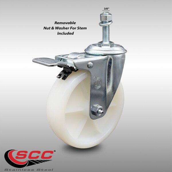 Service Caster 5 Inch SS Nylon Wheel Swivel 3/8 Inch Threaded Stem Caster with Total Lock Brake SCC-SSTSTTL20S514-NYS-381615 - main